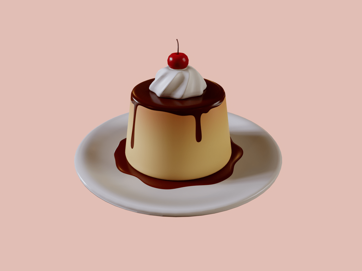 Pudding with Chocolate Sauce, Cream and Cherry&nbsp;Game-Ready
